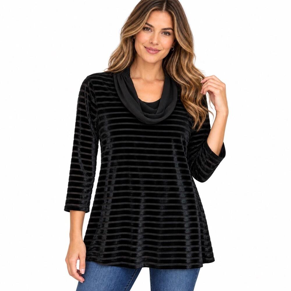 Soft Surroundings Tunic Blouse Womens Small Black Cowl Neck 3/4 Sleeve Top